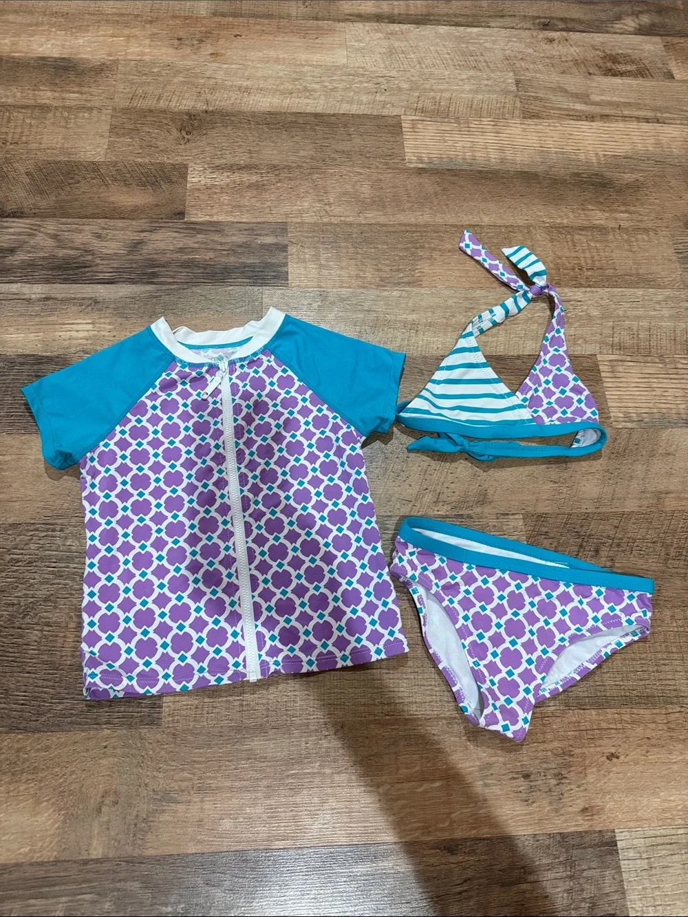 Kids Purple & Teal 3-Piece Swim Set - Rash Guard, Bikini Top & Bottom Size 5